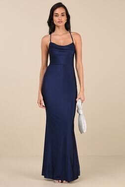 NWT Lulus Cute Definition Navy Slinky Knit Cowl Neck Maxi Dress Holiday Gala M